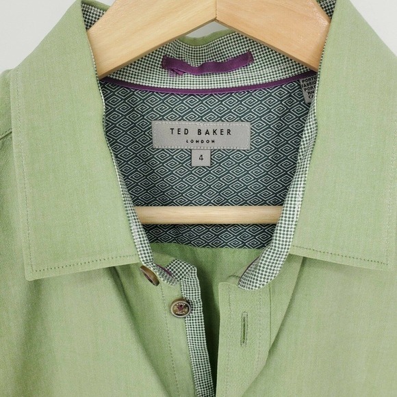 Ted Baker Mens Oxford Button Shirt Green Tab Sleeve Contrast Cuff Size 4 Large - Picture 3 of 4